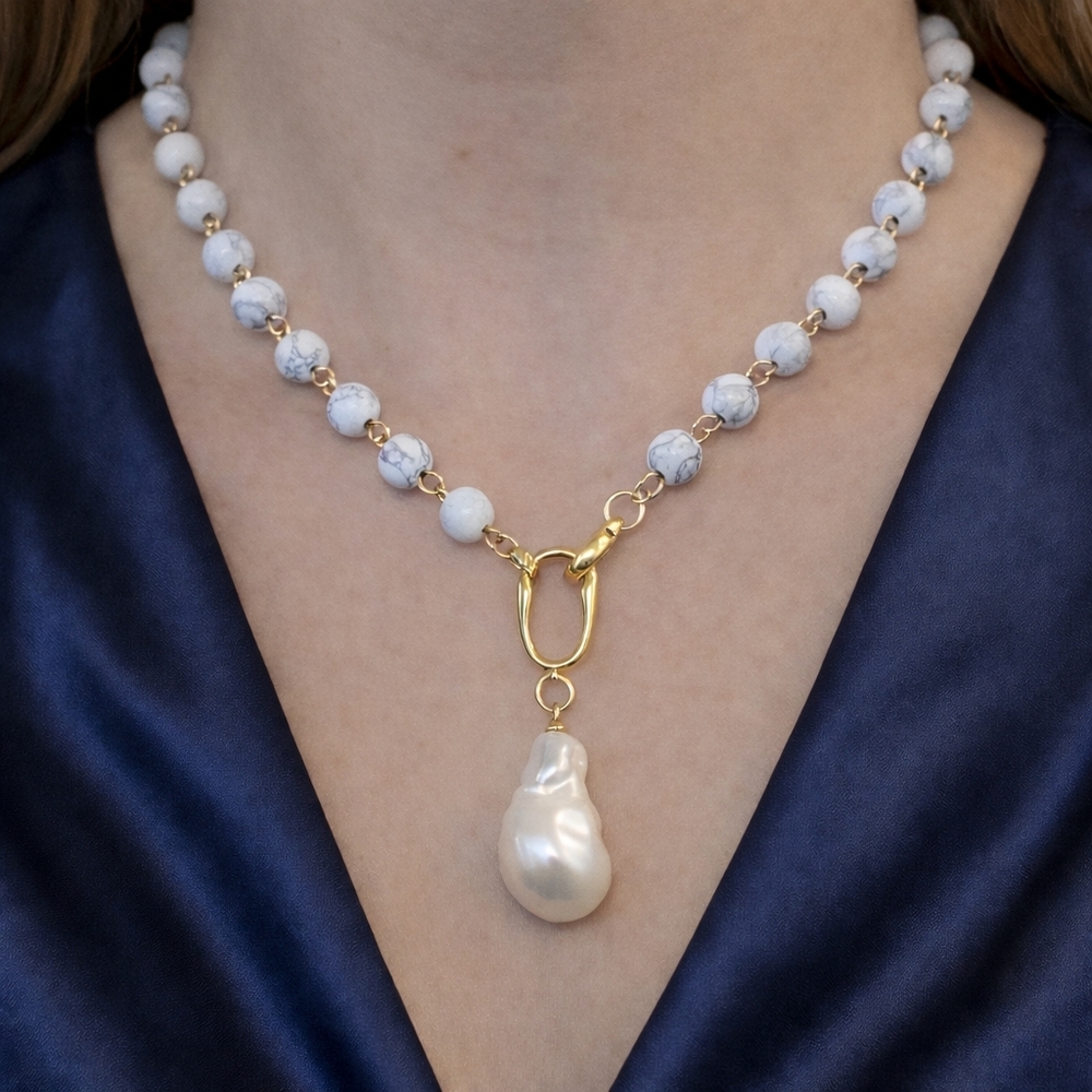 Baroque Pearl Necklace Howlite Bead 18K Gold Plated Unique June Birthstone
